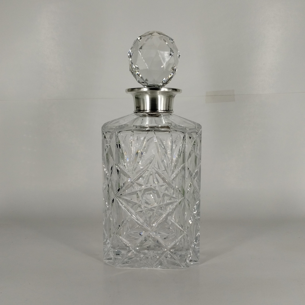 Vintage Silver Topped Cut Crystal Glass Square Decanter With Stopper 8.5" Tall